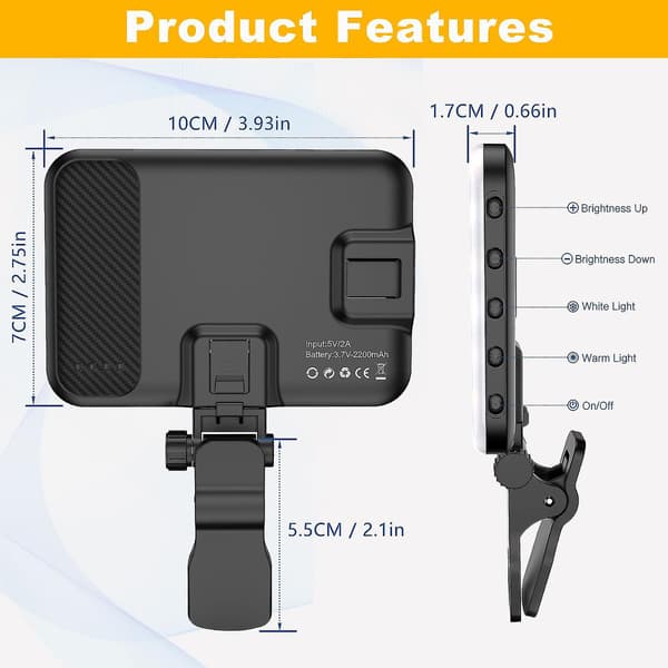 Selfie Light, 60 LED Rechargeable Phone Light with Clip, 3 Light & Infinite Adjustment Modes, 2000mAh Selfie Light