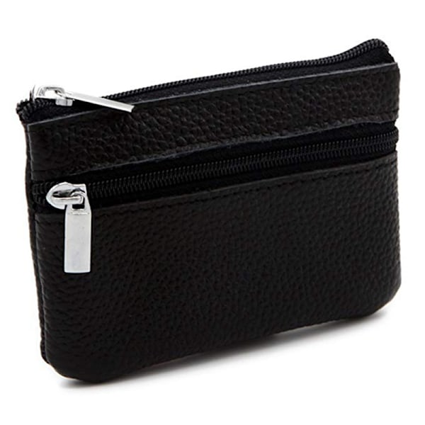 Small Wallet / Card Holder with Zipper Genuine Leather Black