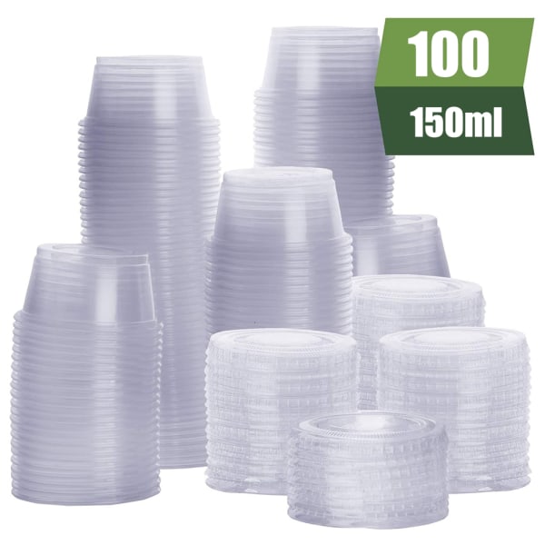100 st Engångs Jello Shot Cups Plastportionsmuggar med lock Kryddorbehållare