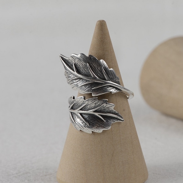 925 Silver Antik Kvinnors Öppna Thai Silver Leaf Ring