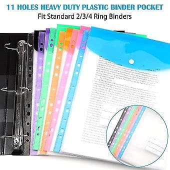 12-pack A4 Perforerade Fickor Plastfickor - 11 Hål Expanderbar Pärmficka Kuvertmapp
