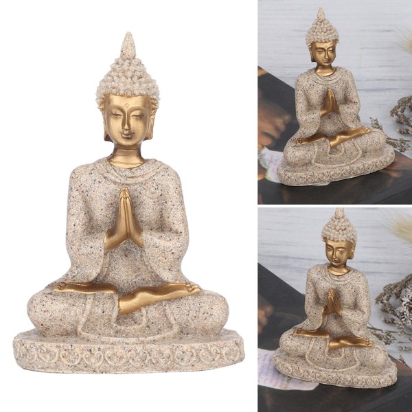 Mediterande sittande Buddha-staty Snideri figurin hantverk för heminredningsprydnad (ett guld)