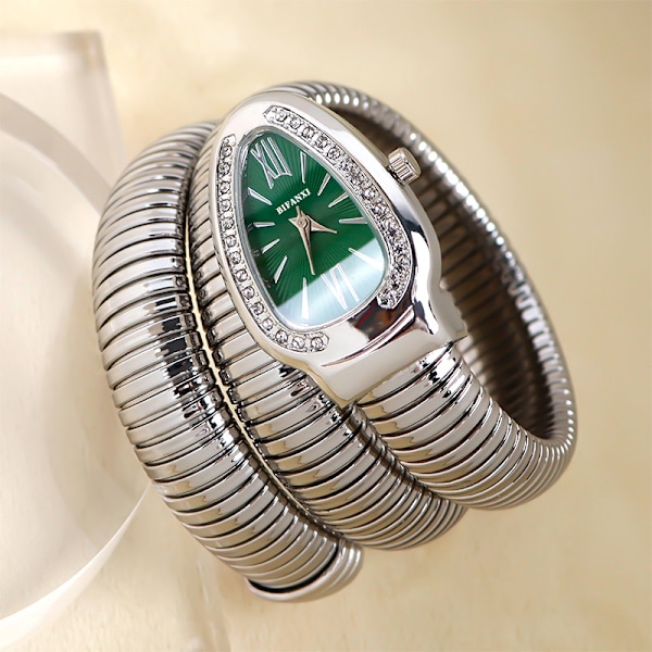Kampanj till lågt pris! BIFANXI ormklocka, dammode armbandsklocka, kreativ kvartsklocka silver, grön urtavla