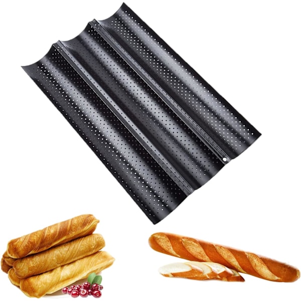 Baguetteform i plåt med tre fack för fransk baguette. Den är värmetålig upp till 260 °C och rymmer tre baguetter.