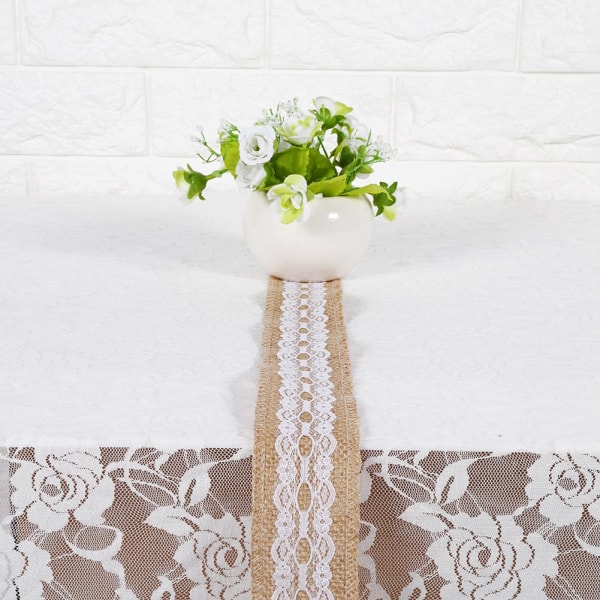 Naturlig jute säckväv band med vit spets Rustik stil bröllopsfest hantverk dekoration #5
