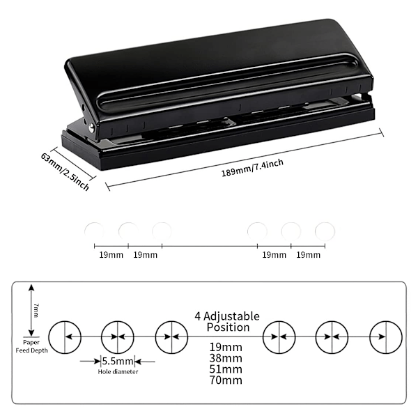Justerbar 6-håls stans med positioneringsmärke, daglig pappersstans för A5-storlek sex ringpärmar - påfyllningssidor 1 st - svart