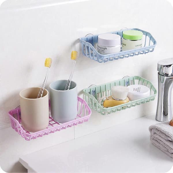 Kitchen Bathroom Multifunctional Plastic Double Suction Cup Wall Mounted Storage Shelf Storage