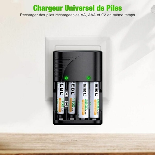 Universell batteriladdare, snabbladdare för AA/AAA eller 9V uppladdningsbara batterier 6802 med LED-indikator, världsomspännande spänning 100-240V