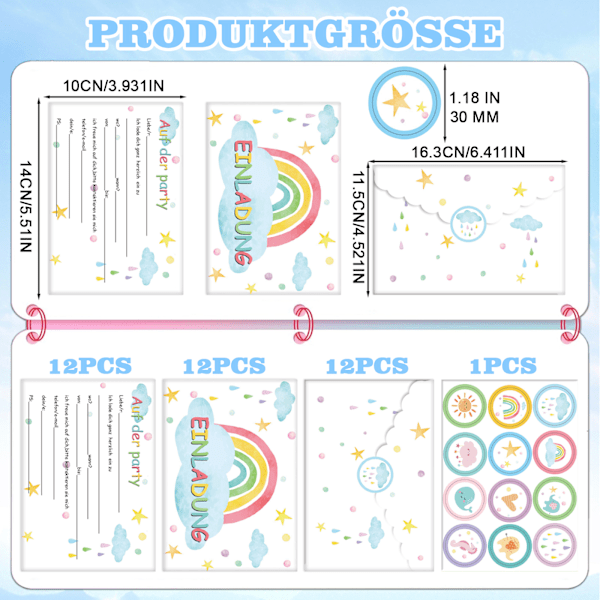 Inbjudningskort för barns födelsedag regnbåge flickor pojkar, 12x söta födelsedagsinbjudningar inkl. Inklusive 12 kuvert och 12 klistermärken för födelsedag