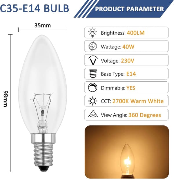 E14 40W Clear Light Bulb, Dimmable Incandescent Bulb, Warm White 2700K, 400LM, Flame Light Bulb, E14 Edison Screw Light Bulbs, 6-Pack
