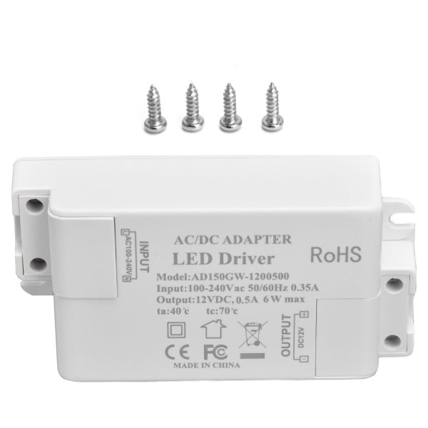 LED-drivrutiningång AC100-240V 0,35A Utgång DC12V 0,5A 6W LED-transformator för badrum