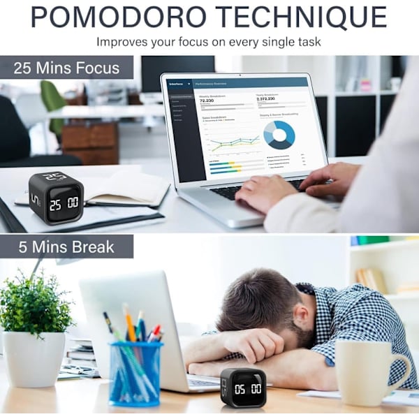 Pomodoro Timer 25/5/10 Min Desktop Timer Vibration Volume Adjustable Productivity Clock Black