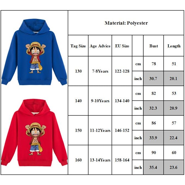 (Arbetardags-special!) ONE PIECE Luffy Tryck Casual Hoodies Tröjor Toppar Barn Huvtröja Sweatshirt Present Blå 160cm Blue