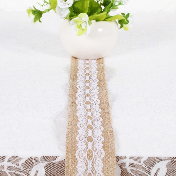 Naturlig jute säckväv band med vit spets Rustik stil bröllopsfest hantverk dekoration #5