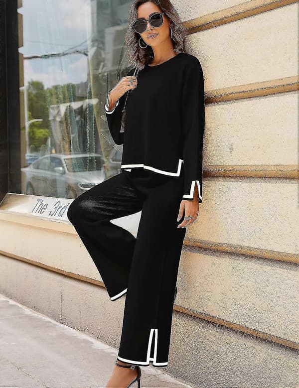 Sort todelt sæt med langærmet strikket top og vide bukser til kvinder Black Medium