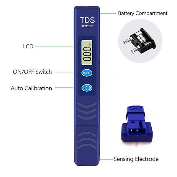 TDS-mätare, elektronisk vattentestare med 0-9990 PPM mätområde, digital vattenprovare för jordbruk