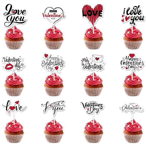 Valentinsdag Pappers Cupcake Toppers, Valentinsdag Dekorationstillbehör, Bröllop, Födelsedagsfest, 24 Stycken