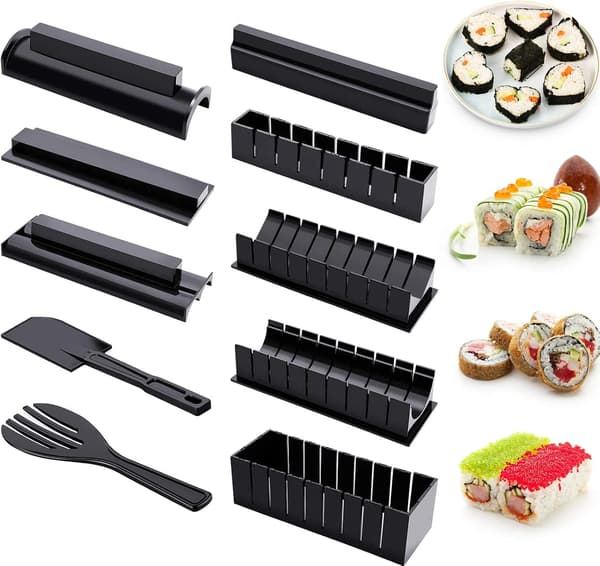 Sushi Set for Beginners 10 Pieces Plastic Sushi Maker Tools Complete with 8 Sushi Rice Roll Molds Forks Spatula DIY Home Sushi Tools