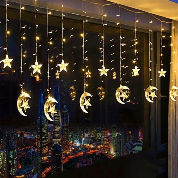LED Fönster Gardin Strängljus Fairy Lights Moon Star String Light Batteri USB driven för utomhusfest inomhus i sovrummet