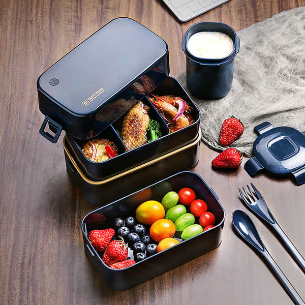 Dobbeltlags bentoboks med lunsjpose | bestikk, bento lunsj