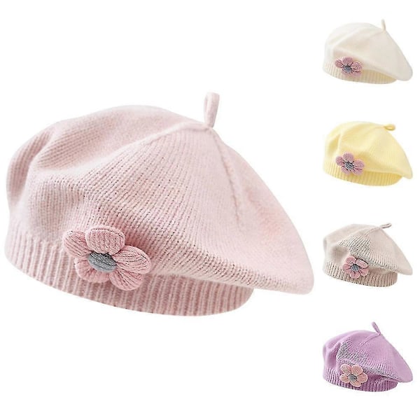Vinter Baskerhattar för Småbarn med Blomma Baby Barn Flickor Bonnet Mössa Stickad Ull Konstnärsmössa Purple