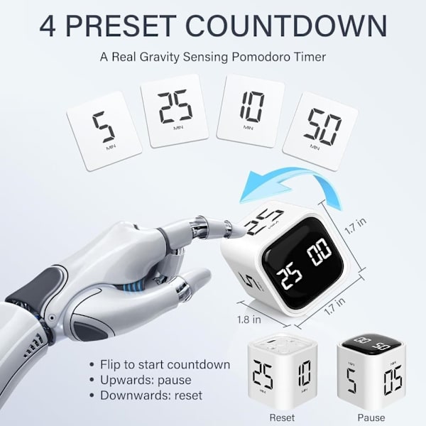 Pomodoro Timer 25/5/10 Min Desktop Timer Vibration Volume Adjustable Productivity Clock White