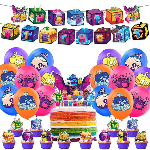 Kampanj till lågt pris! Blox Fruits Födelsedagsfest Dekorationer Set Grattis på Födelsedagen Banner, Ballonger, Tårtdekorationer Barnkalas Dekorationer
