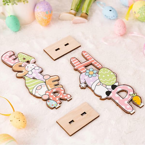 Easter Decorations on Wooden Table, Gnome Bunny Decorations for Easter Crafts