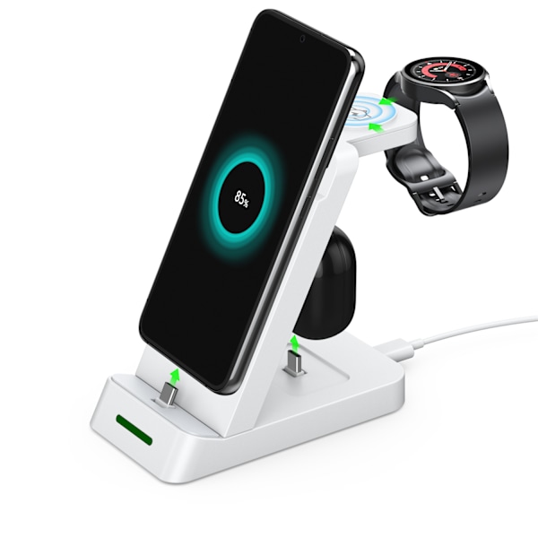 3-i-1 Trådløs oplader til mobil, Samsung-smartwatch og høretelefoner