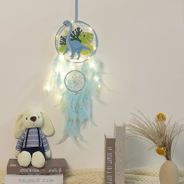 Dinosaur Dream Catchers för pojkar flickor, Dream Catcher Light Wall Decor Fjäder vägg hängande Dino Dream Catcher Barn Present