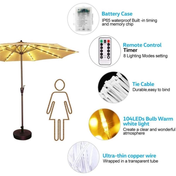 Uteplats paraply ljusslingor LED paraplylampa med fjärrkontroll och 10 buntband paraplystång ljus trädgårdsdekor