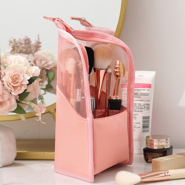 Resesminkborstväska Bärbar sminkborsthållare Organizer Vattentät Stand-Up Praktisk Mesh - fodral Pink