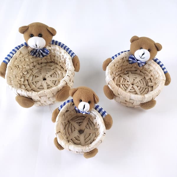 Set of three hand-woven bear straw baskets, creative storage basket for home decoration