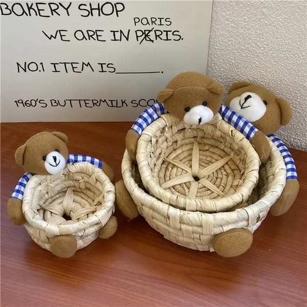 Set of three hand-woven bear straw baskets, creative storage basket for home decoration