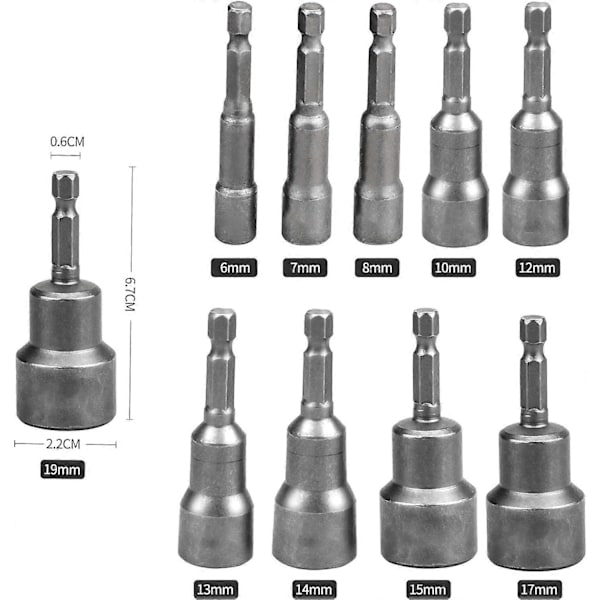 10 Pieces Hexagonal Magnetic Sockets, 6-19mm Magnetic Socket Wrenches Hexagonal Pilot Nut Driver style2701