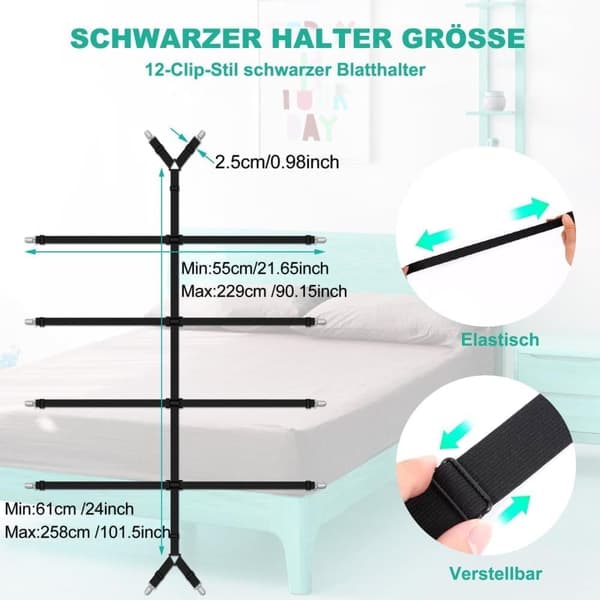 Adjustable Sheet Holders - Elastic Straps with Metal Clips to Secure Sheets, Mattress Protectors or Sofa Covers White