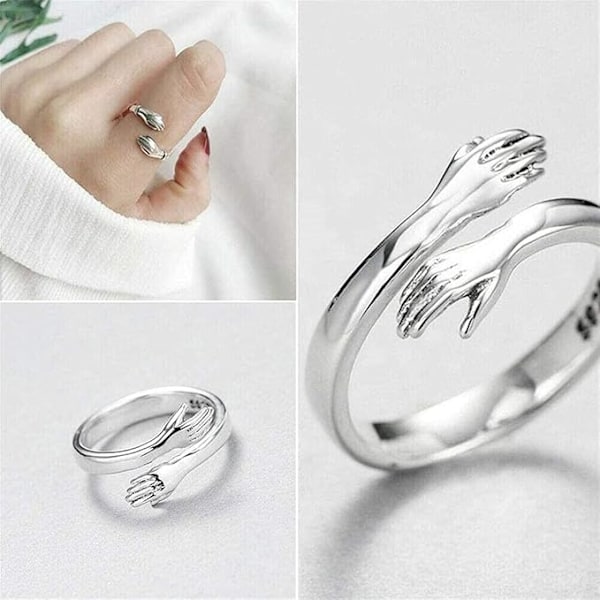 925 Sterling Silver Ring - Justerbar Kramring Ge Mig En Kram Ring, Kärlek Kram Händer Öppen Ring Smycken för Kvinnor Män