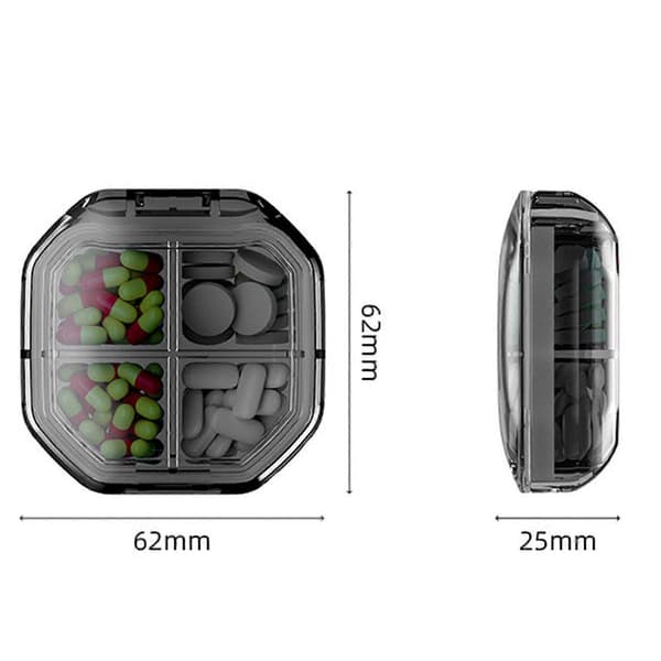 This practical 7-day pill case features a 4/6 compartment design, ample space, snap closure, good sealing, and a pocket-sized compartment. Green Green B