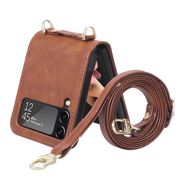 Kompatibel med Samsung Galaxy Z Flip 3 Case med korthållarrem Pu Läder Crossbody Flip Cover Dam Brun