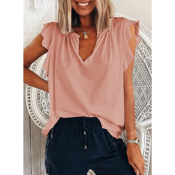 Uformell tanktopp for kvinner med V-hals og volangermer, løs topp, sommer (Rosa, L)