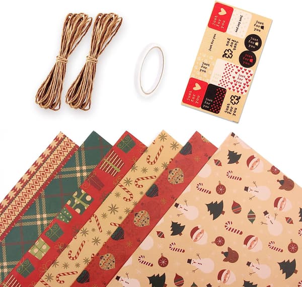 Julklappspapper - 6 stycken klistermärken och band presentpapper för juldekoration