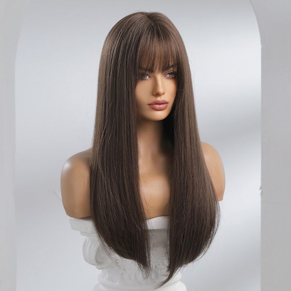 Qi Bangs Naturlig Brun Fluffig Asiatisk Långt rakt hår Mode Peruk Kemisk Fiber Full Head Set WIGs 60cm