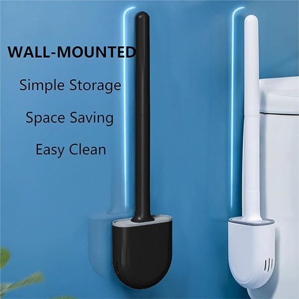 Platt silikontoalettborste 2-pack, toalettborste och hållare, väggmonterad toalettborste, snabbtorkande toalettborstesats för badrum, svart + vit silikon till