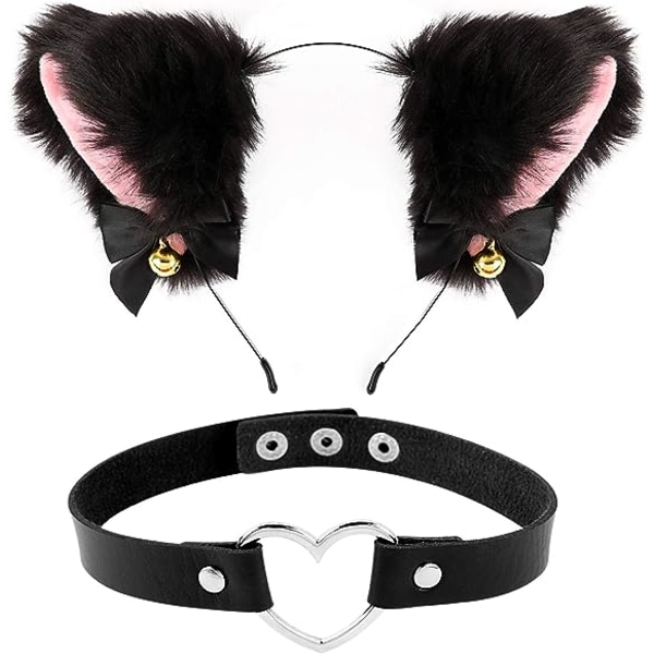 Böjda öron Fox Pannband + Bell Choker Halsband för kvinnor Cosplay Cosplay Kostym Party. (svart+rosa)