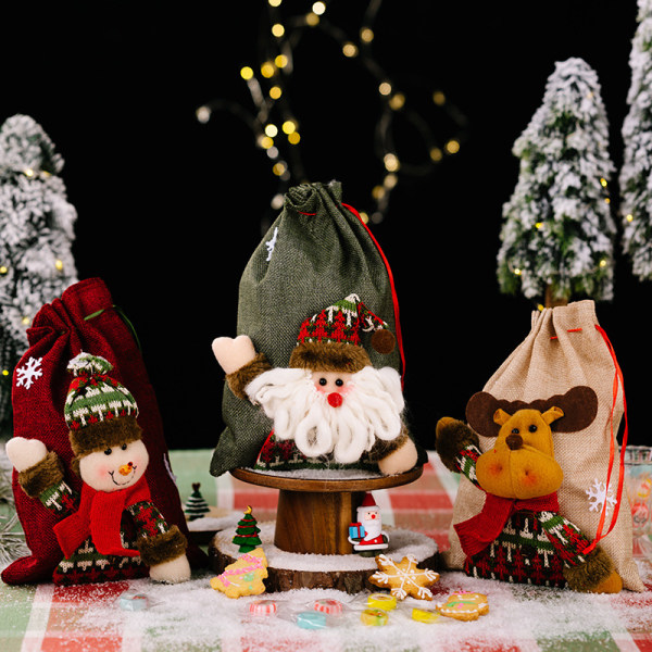 3 stycken nya juldekorationer tecknad docka säckväv presentpåse Jultomten älg snögubbe förvaringsväska dekoration
