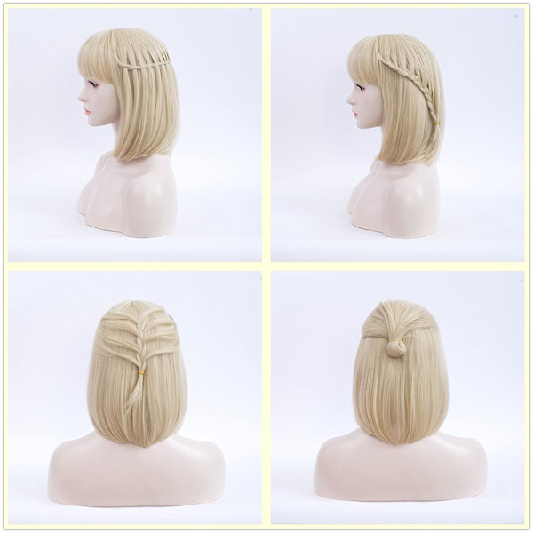 Blond Parykk med Pannelugg, Kort Blond Bob Parykk for Kvinner, 12 Tommers Rett Hår Parykker for Jenter Varmebestandig Syntetisk Cosplay Fest Parykker