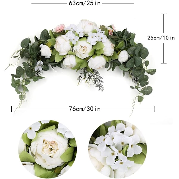 Rustik konstgjord blomsterkrans för bröllop - 30 tum - Pion- och eukalyptusblad - Handgjord - Bordsdekoration (elfenbensvit)