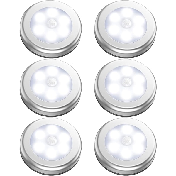 6 st batteridriven rörelsesensorlampa inomhus, LED-garderobsbelysning, batteri nattlampa trådlöst, stick-on vägglampor för skafferi, skåp, garderob,