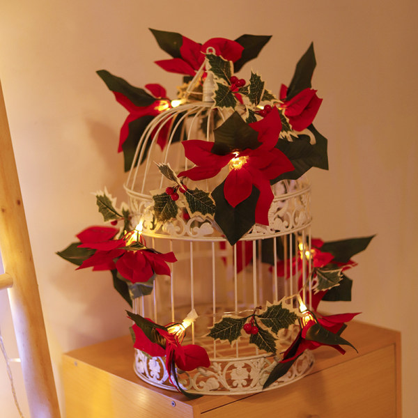 LED-julljus sträng röda blommor och röda frukter dekorativa ljus Julhusfestbelysning, 2 meter 10 lampor