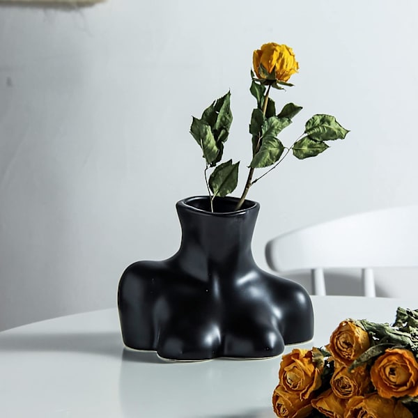 Blomvas, Blomstervas i kroppsstil, Svart glansig Cramic Vas, Handpläterad Skulpturvas, Dekor Blomkruka för Hemmakontoret Bröllopsfest Semester(B
